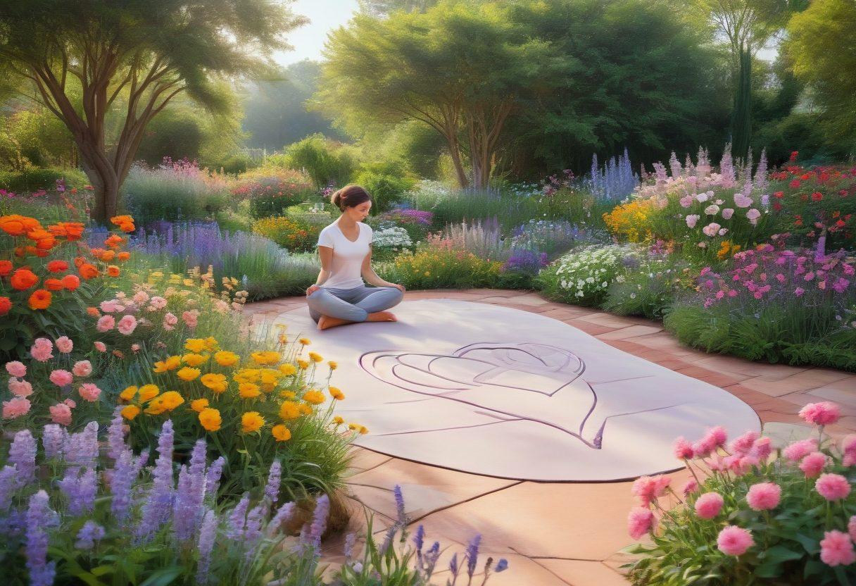 A serene heart-shaped garden symbolizing nurturing relationships, with diverse flowers representing affection, intertwined with wellness icons like yoga poses and herbal remedies. In the background, a gentle pharmacist is seen handing a prescription with a caring smile, blending the themes of care and connection. Soft pastel colors enhance the warmth of the scene. super-realistic. vibrant colors.