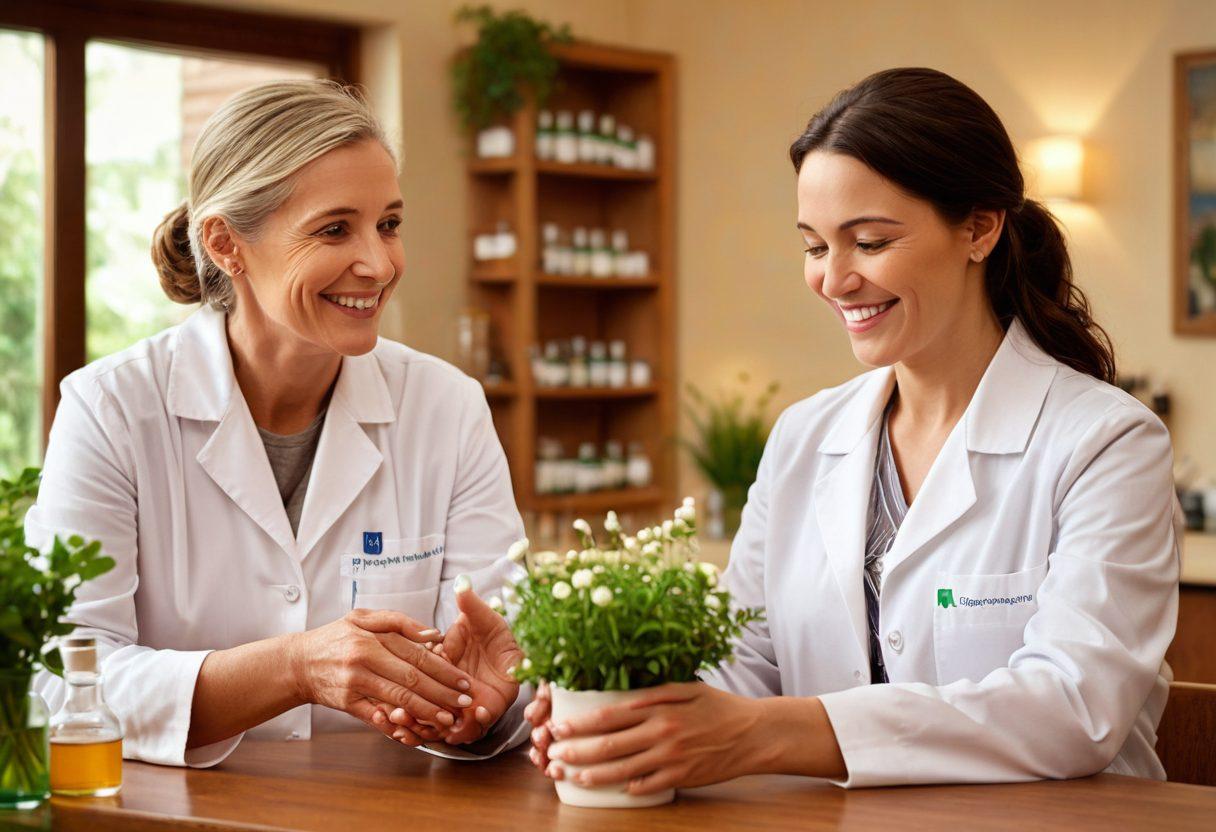 A serene scene depicting a compassionate pharmacist engaging warmly with a diverse group of patients in a welcoming pharmacy setting. Visualize the pharmacist listening attentively, surrounded by elements of health and wellness, such as medicine bottles, plants, and a comforting ambiance. Soft, warm lighting enhances the feeling of connection and trust between individuals. Incorporate symbols of healing, like hearts and hands, to reinforce themes of compassion and relationships. super-realistic. vibrant colors. warm tones.