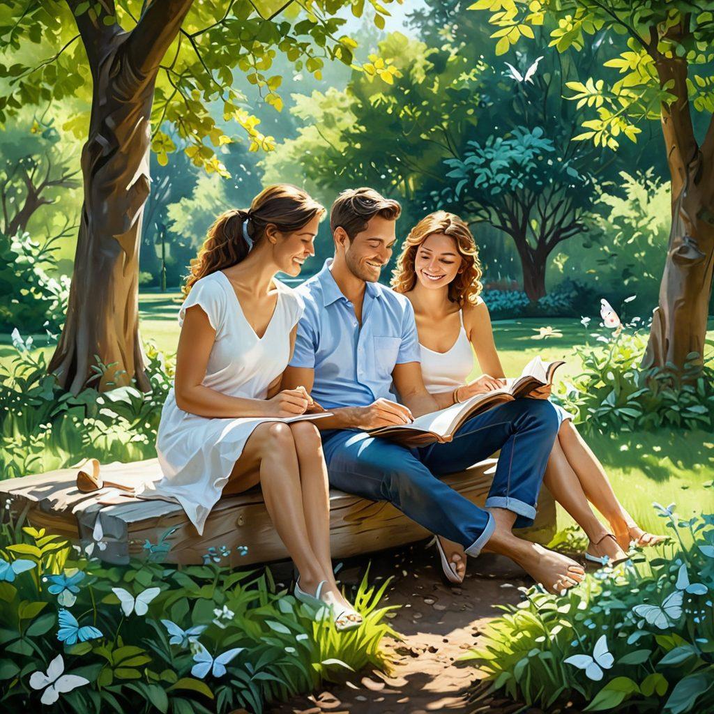 An illustration of a couple sitting together in a serene park, sharing a moment of laughter, surrounded by lush greenery and soft sunlight. One partner is holding a journal, while the other looks tenderly at them. In the background, subtle elements representing emotional support, like hearts or butterflies, float gently. The scene conveys warmth, connection, and tranquility. vibrant colors. soft focus. painting.
